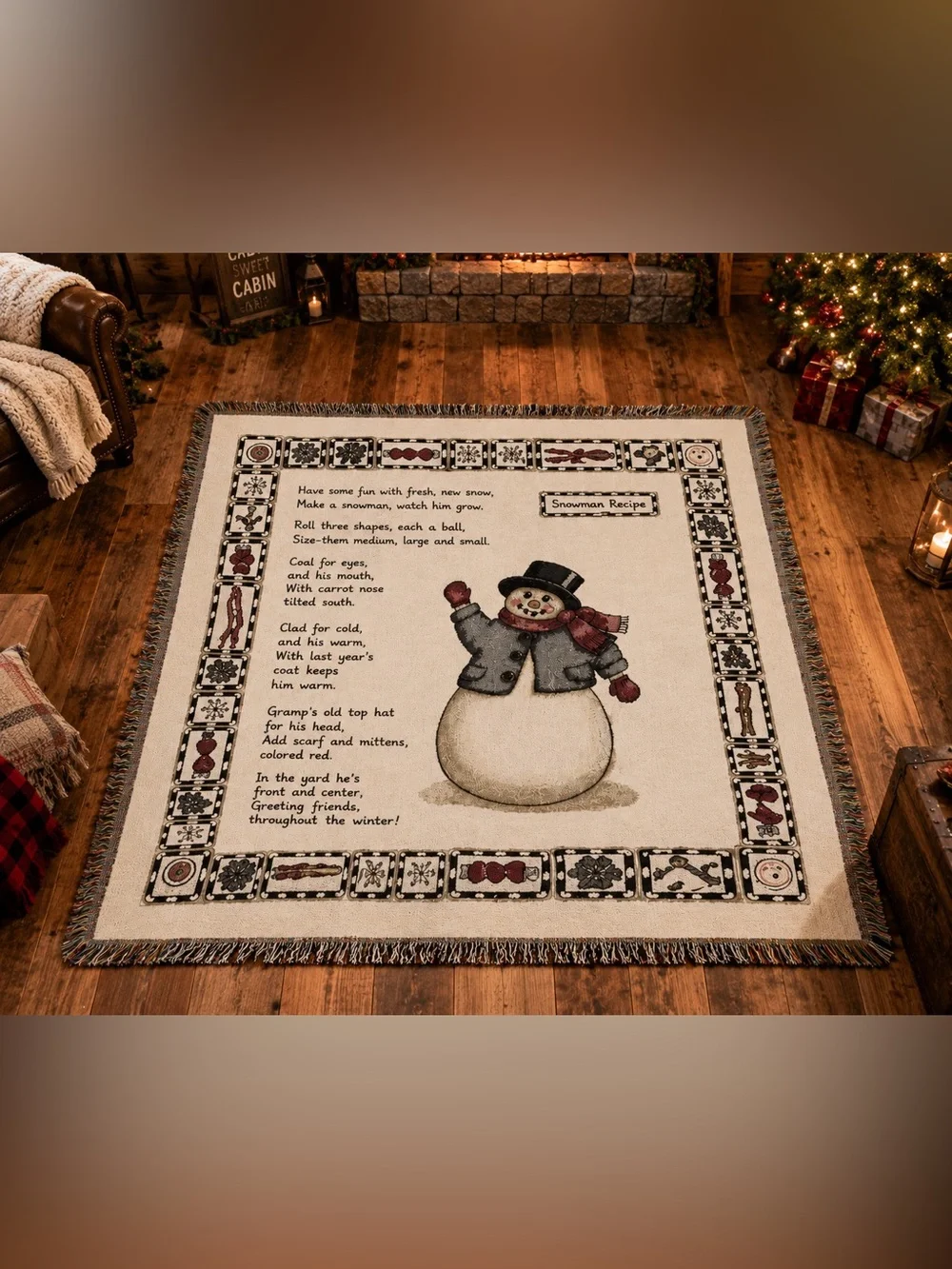 The Rug Barn Knit Jacquard Snowman Christmas Woven Throw Blanket Fringe 50x64